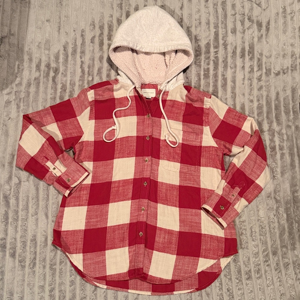 American Eagle Red Buffalo Plaid Hooded Flannel Shirt Sherpa Lined Hood Small - Picture 2 of 6